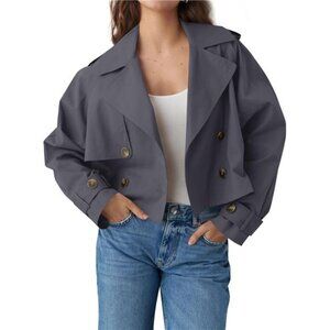 Womens Cropped Trench Coat Lapel Double Breasted Grey